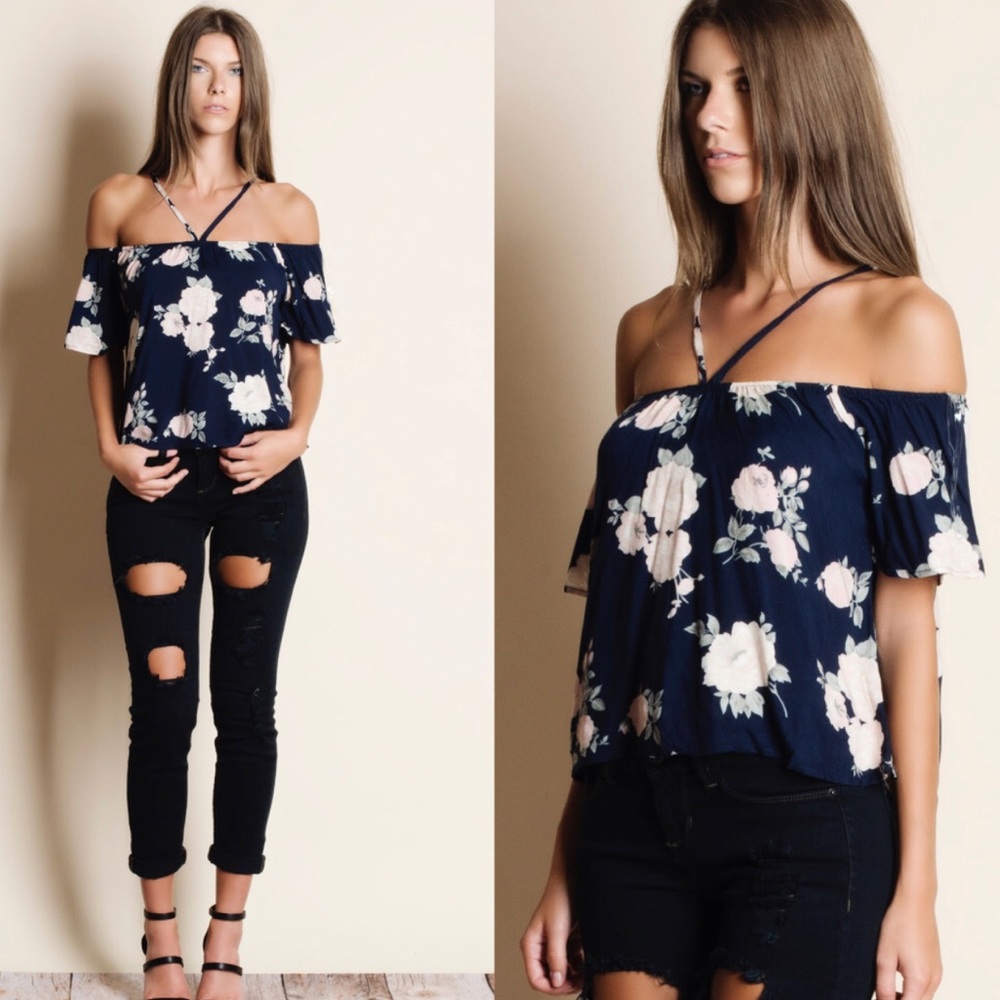❗️1 LEFT ❗️Floral Off Shoulder Tee Shirt - Picture 2 of 2